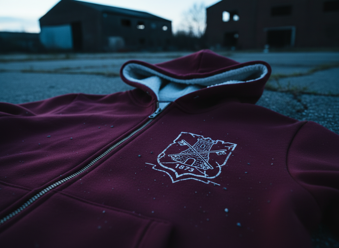 A deep burgundy hoodie lies open on a cracked asphalt surface, its inner lining a slightly lighter tone, softly brushed and inviting. The front displays a minimalist crest combining a crumbling fortress, crossed keys, and a small date, as if marking a long-past uprising. Cool, bluish evening light filters in from one side, grazing the textured print and highlighting dust particles on the ground. The camera hovers at a low angle near the zipper, with the hood stretching toward the top of the frame, creating cinematic depth. In photographic realism, faint, out-of-focus silhouettes of abandoned warehouses loom in the background, building a somber, defiant mood.