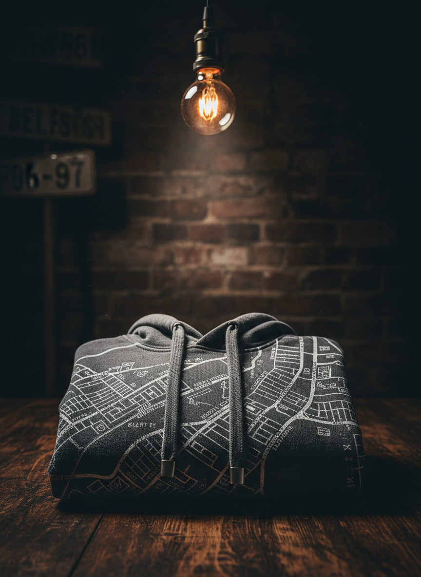 A neatly folded charcoal-gray hoodie rests on a scarred wooden table, its thick drawstrings tipped with brushed metal aglets that catch a sliver of light. Across the back, a detailed, monochrome map of an old neighborhood is screen printed, complete with winding alleyways, forgotten rail lines, and ghosted street names. A single tungsten bulb above casts warm, focused light, creating high contrast between the hoodie and the surrounding shadows. Shot from a slightly elevated angle in photographic realism, the composition follows the rule of thirds, with blurred vintage street signs and a cracked brick wall receding into darkness, evoking a gritty, secret-history atmosphere.
