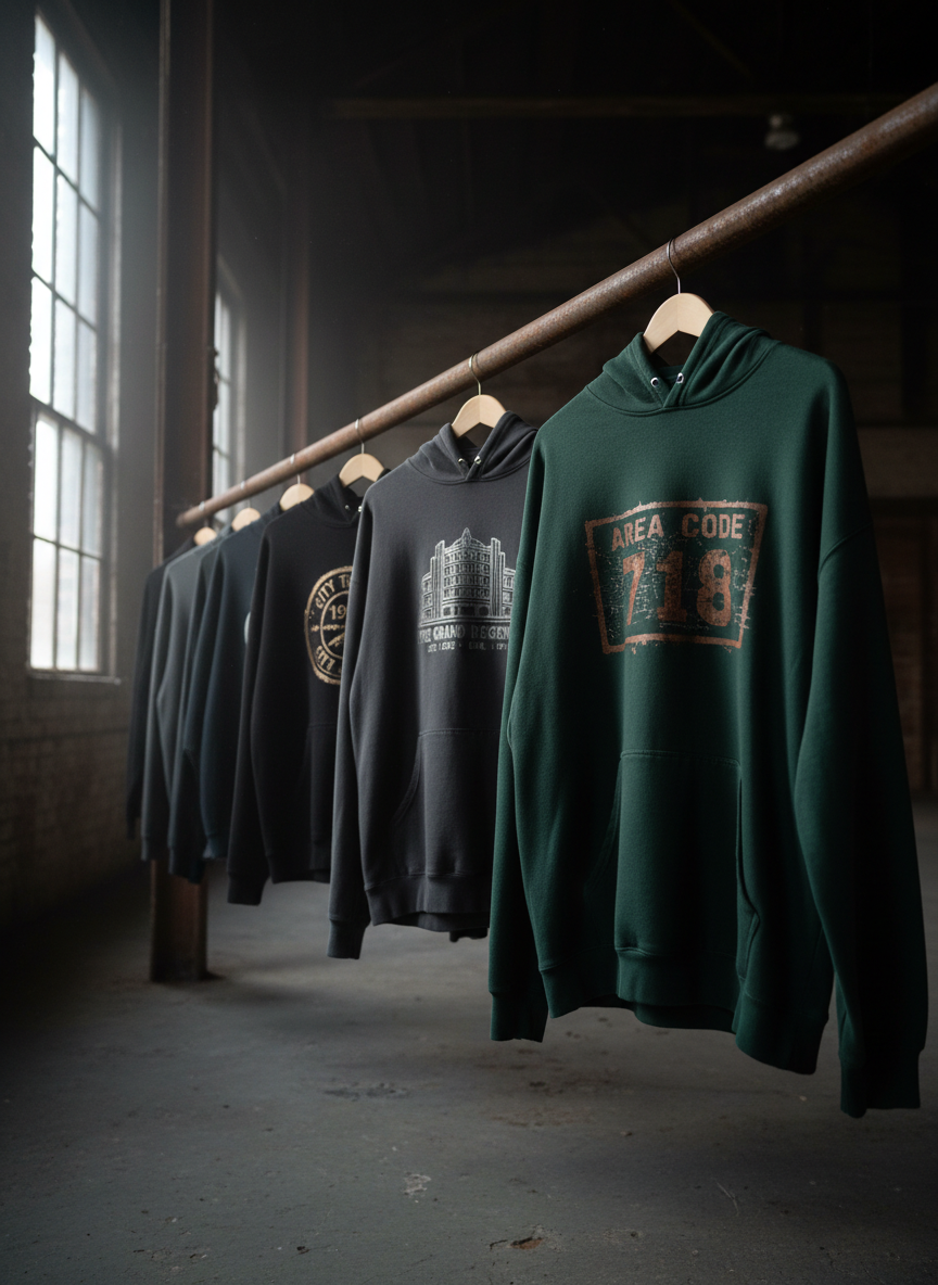 A row of hoodies in muted, dark tones—ink black, storm gray, deep forest green—hangs from a heavy steel pipe inside an old industrial space. Each hoodie carries a different historical symbol on the chest: an old tram token, a demolished landmark, a vintage area code plate, all rendered in worn metallic ink. Pale overcast light seeps in through high, dirty windows, tracing thin highlights along the shoulders and hoods while the rest of the room recedes into shadow. Captured in photographic realism with a wide-angle lens from a three-quarter view, the composition emphasizes depth, leading the eye down the line of garments. The mood is brooding yet reverent, like an archive of forgotten stories.
